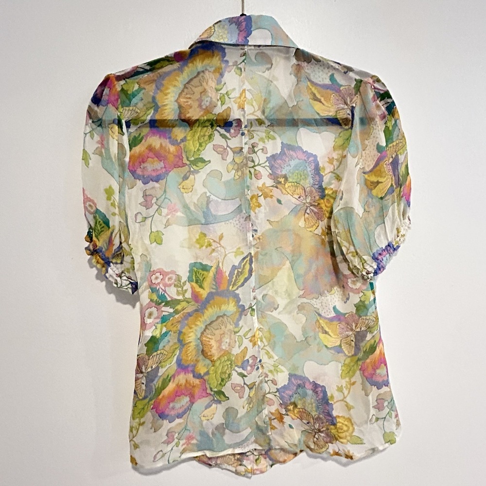 100% Silk Sheer Floral Ruffle Short Sleeve Top Blouse Pastel Multicolor Button S - Picture 2 of 9
